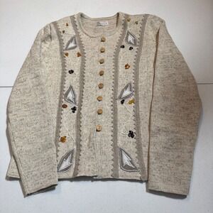 Natural Style Beige Linen Cotton Blend Cardigan Sweater Womens Medium Grandma